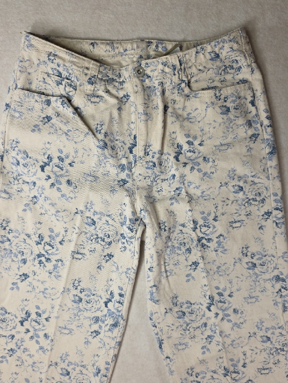 Lizwear Vintage Cream Blue Floral Toile Print Straight Leg Jeans 100% Cotton - Picture 2 of 11